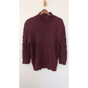 Magaschoni Sweater M Cashmere Wool Mock Neck Burgundy 3/4 Open Knit Quiet Luxury